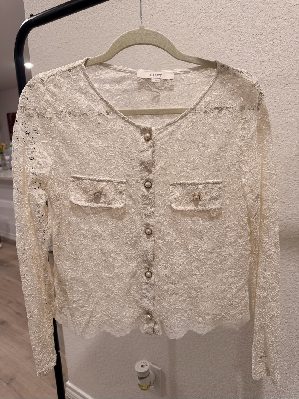 LOFT Cream Lace Button-Front Long Sleeve Top with Pearl Buttons